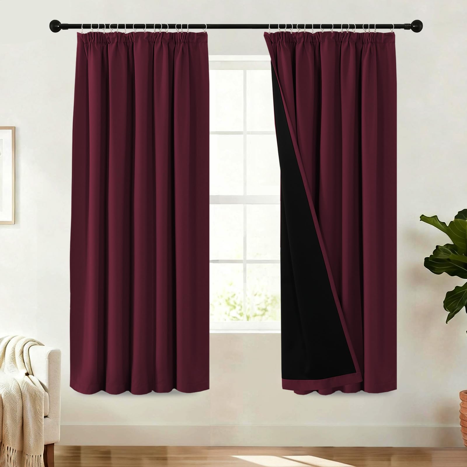 BellaHills 100% Blackout Curtains for Bedroom Thermal Insulated Curtains & Drapes for Living Room Black out Window Curtain with Hooks Pencil Pleat Back Tab Rod Pocket 2 Panels, W66 X L72, Burgundy
