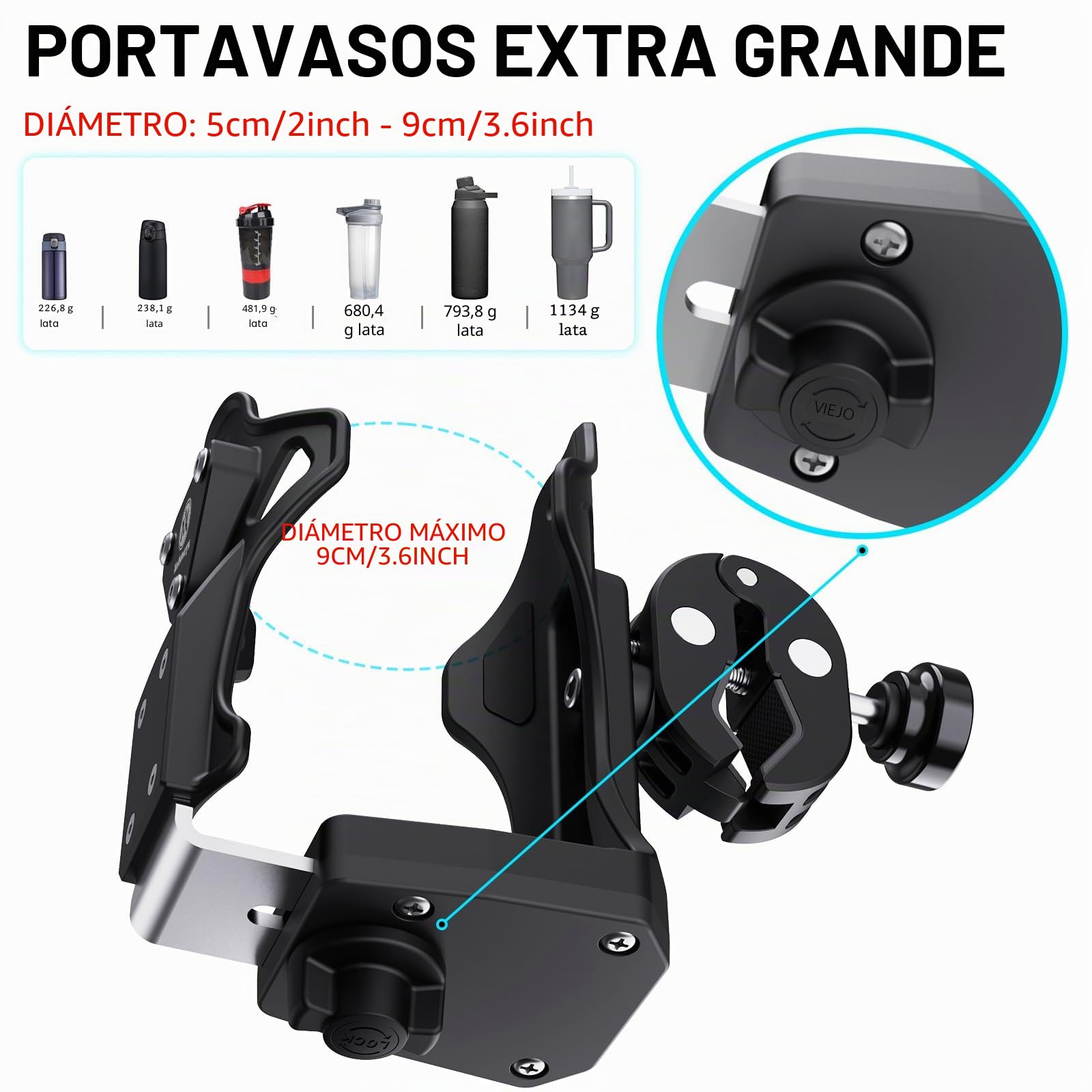 Portavasos de Motocicletas súper Grandes antirrobo, portavasos de Bebidas para Bicicletas mathtoxyz, tamaño Universal de 1,95 a 3,6 Pulgadas, Adecuado para Motocicletas, Bicicletas, carritos