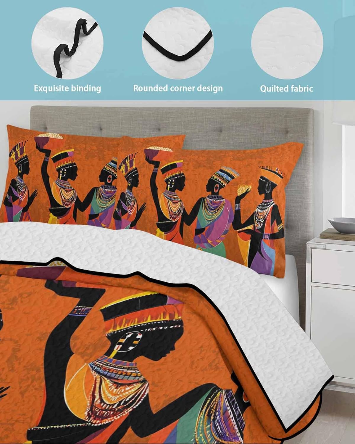 Black Orange Girls Boho Quilt Full Size, Retro Ethnic Abstract Art Reversible Quilt Bedding Set with 2 Pillow Shams for Summer, Lightweight Soft Bedspread Coverlet Comforter Set for Bed Couch 78"x90"