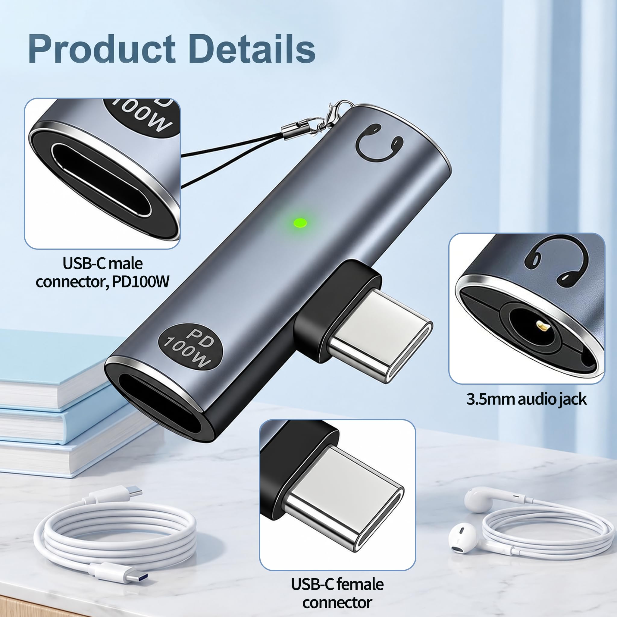 USB-C-Headset-Adapter mit Schnellladung 100 W, Adapter USB C Klinke 3,5 mm PD 100 W 2 in 1, Audio-Splitter Typ C mit Schnellladung PD 100 W, Konverter USB C auf Aux, Hören und gleichzeitig