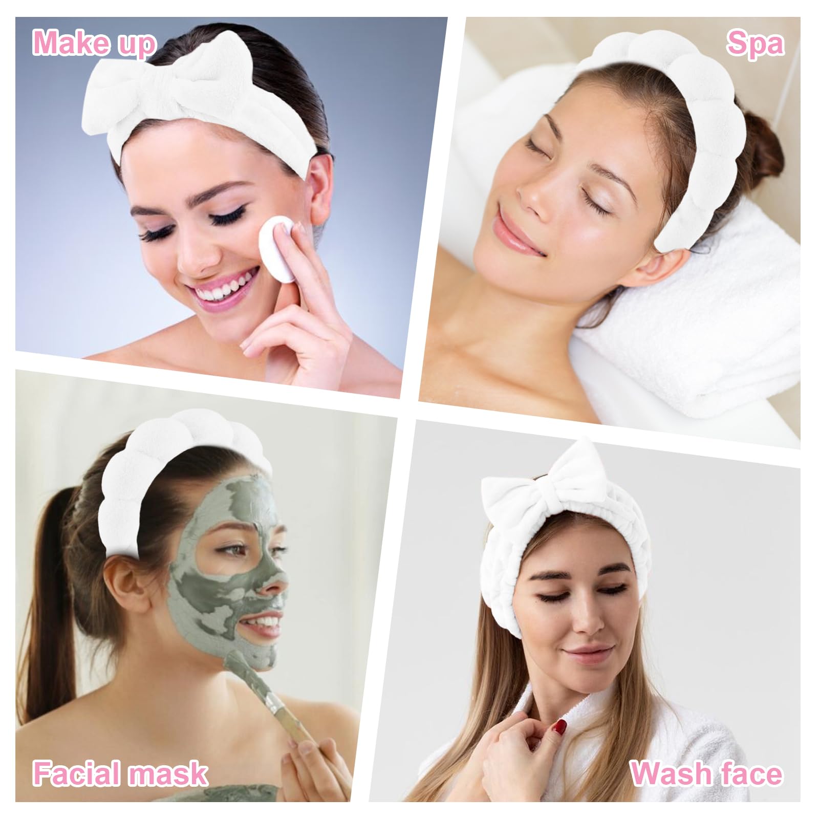 4 Pieces Spa Headband for Washing Face Skincare Terry Cloth Headband Wristband Set,Elastic Hairbands Face Washing Wristband,Sponge Puffy Makeup Headbands for Women Girls Shower,Sports,Yoga(White) - Image 4