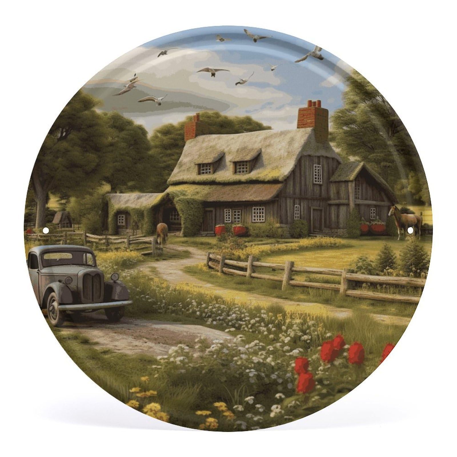 Fodpand Style Farm Thatched Cottage Round Wall Art Hanging Decorations, Wall Decor Modern Minimalist Artwork, Tin Sign Hanging Picture For Living Room, Bedroom, Office, Hallway, 11.8X11.8 Inch