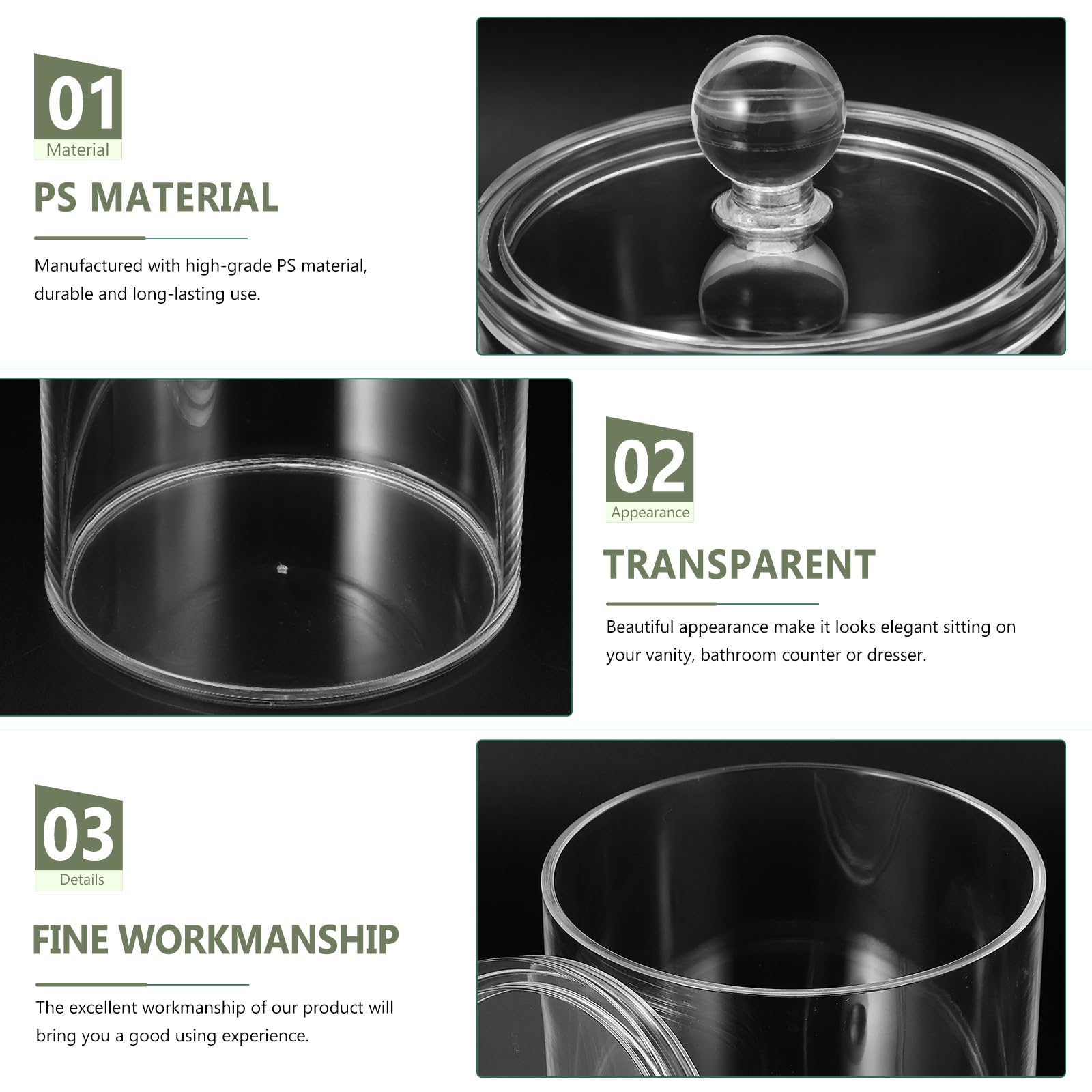 Zestaw słoików aptekarza z przezroczystego szkła, 3 eleganckie słoiki do przechowywania wacików, do usuwania makijażu, szykowny organizer łazienkowy z pokrywkami, niezbędne przybory toaletowe i