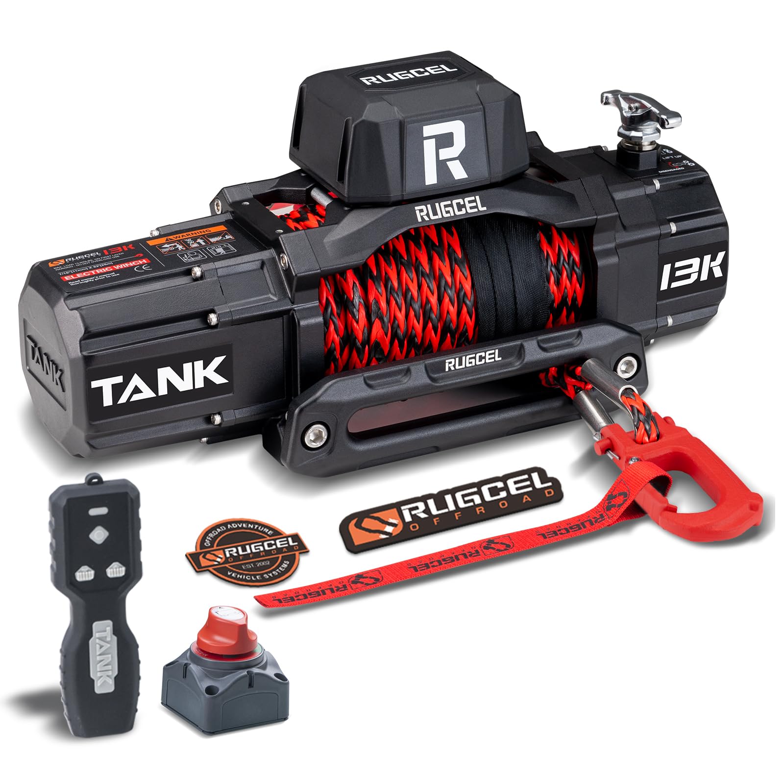 RUGCEL WINCH 13500lb Synthetic Rope Winch 12V Waterproof Electric Winch,2 in 1 Wireless Remote Control, for SUV, Truck & Trailer - TANK Series