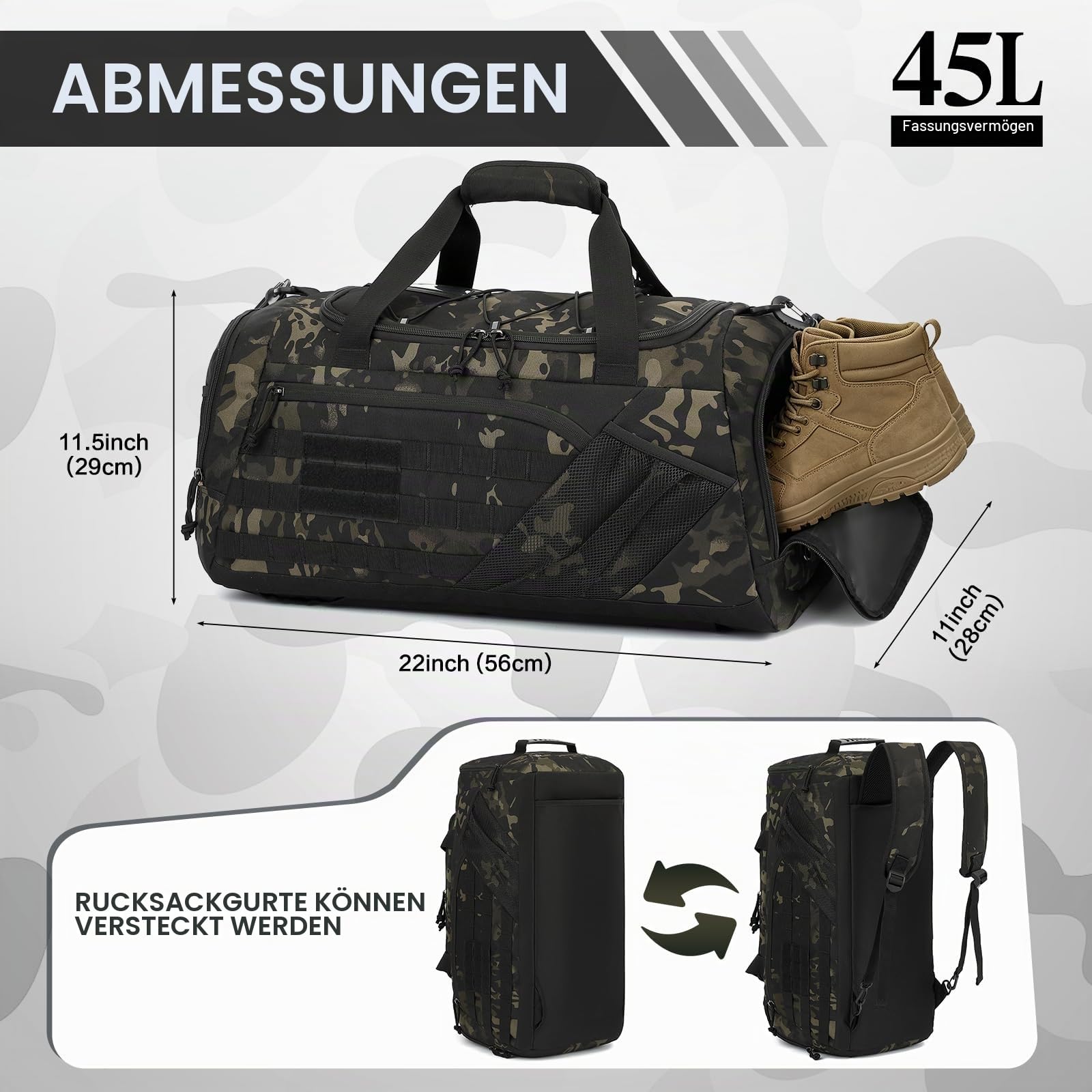 45L Taktische Reisetasche Rucksack für Herren Damen 3-in-1 Camouflage Sporttasche Militär mit Schuhfach Nassfach Multifunktionale Weekender für Gym Reisen Camping Wandern, Camo