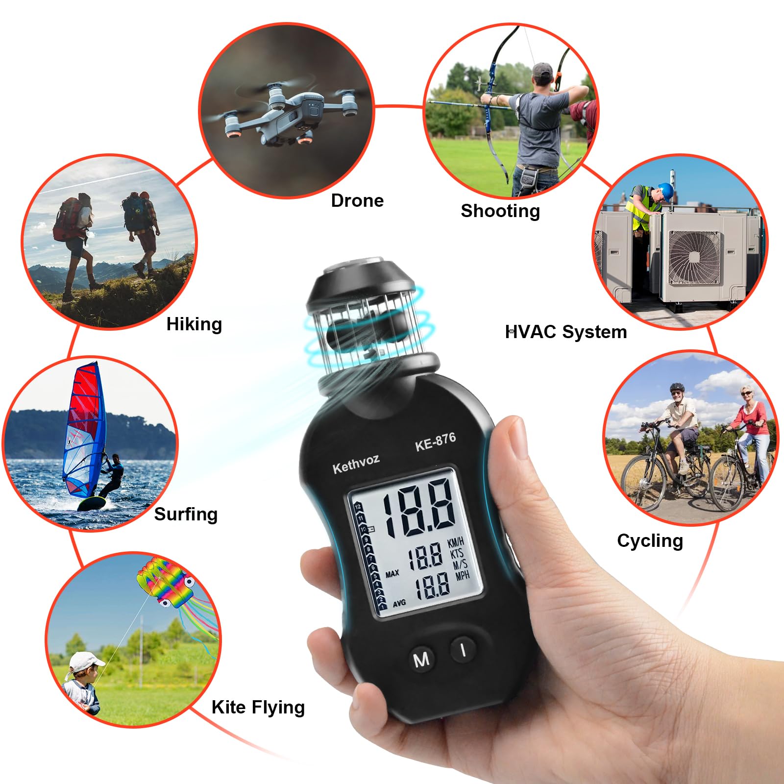 Kethvoz Anémomètre Numérique de Compteur de Vent, Jauge Anemometer de Vitesse de Vent de Coupe Portative Mesure le Débit d'air pour la Voile, le Drone les Activités de Plein Air 876