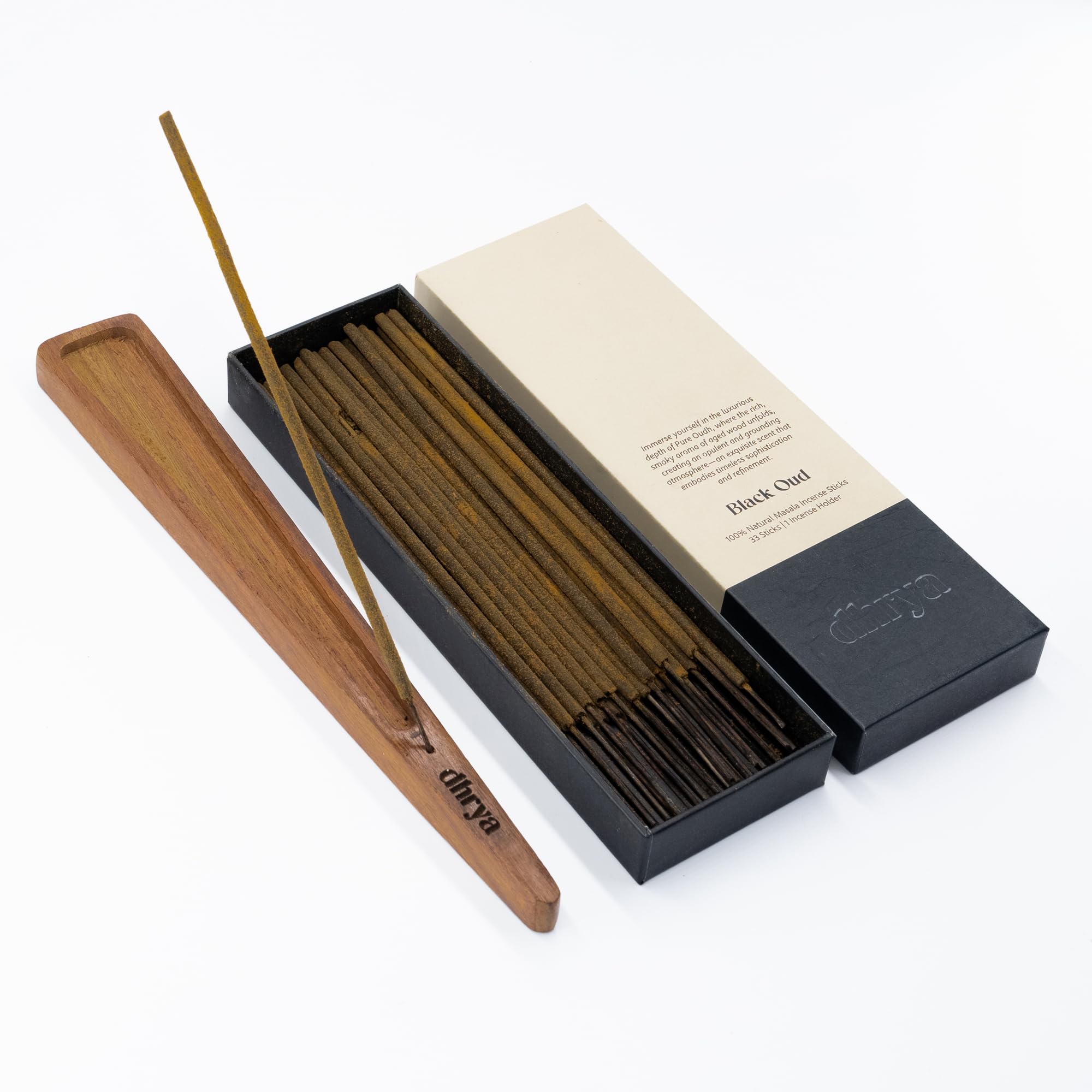 Dhrya Black Oud Luxury Hand‑Made Natural Masala Incense Sticks – Organic, Charcoal‑Free, Premium Pure Oudh Aromatherapy & Meditation Incense For Air Purifying (33 Sticks + Indian Rosewood Holder)