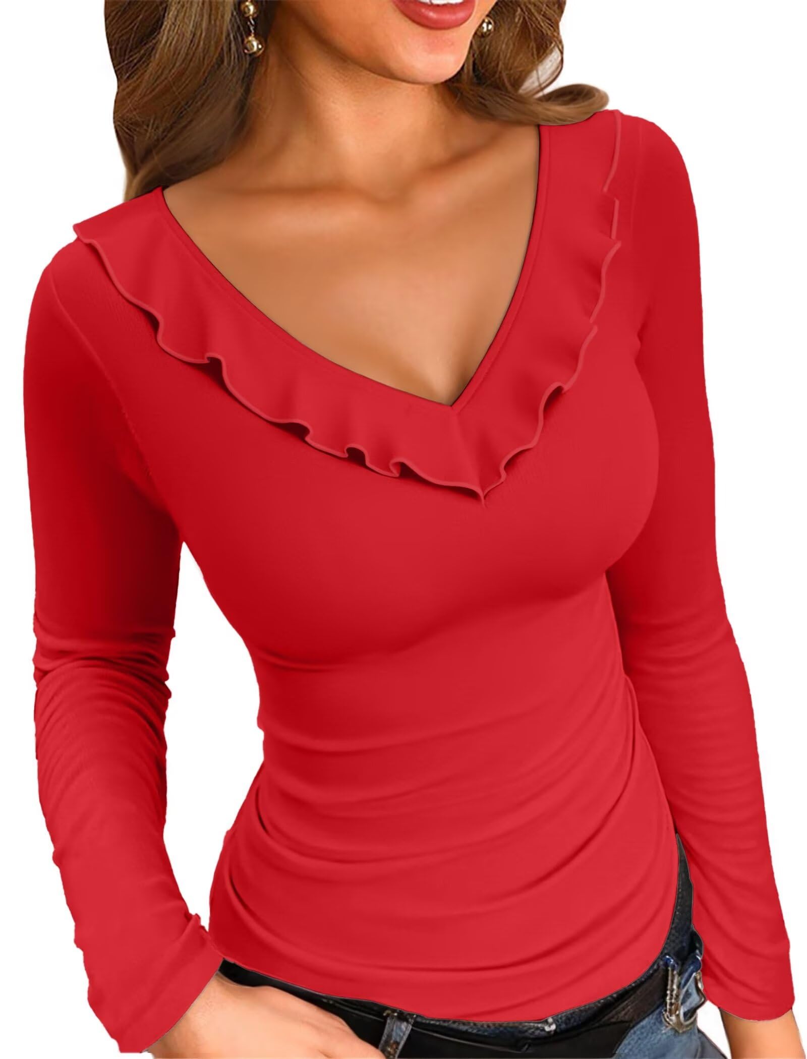 VICHYIE Womens Long Sleeve Shirts V Neck Ruffle Hem Slim Fitted Ribbed Knit Trendy Tee Tight Tops Long Sleeve Large Long-red