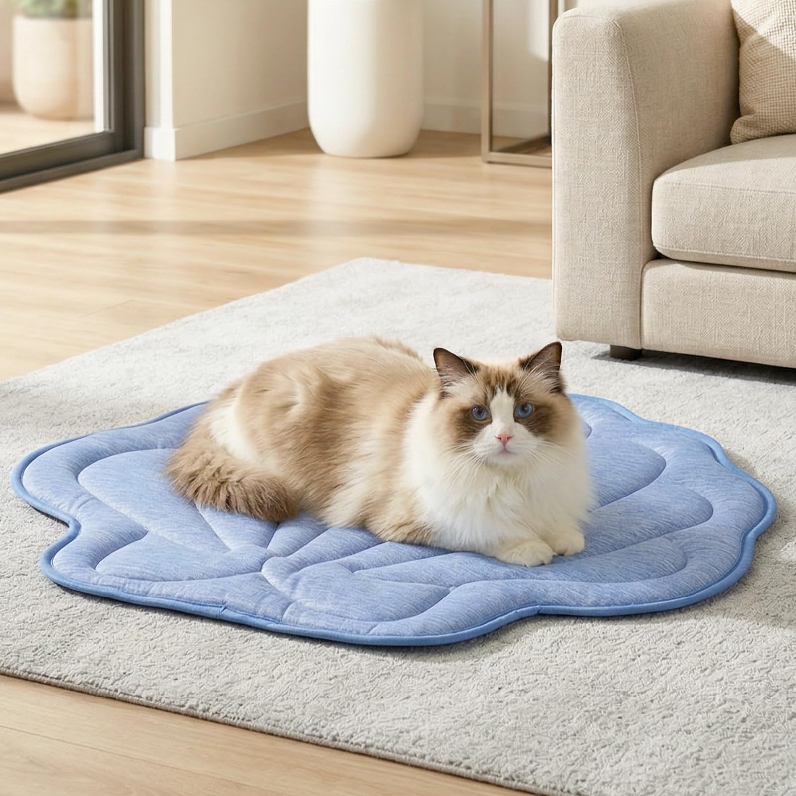 Cozy Bliss Cute Shell Shape Cooling Mat for Small Dogs and Cats, Non-Slip, Leakproof Washable Pet Cooling Mat for Hot Weather with Q-Max 0.5, Indoor and Outdoor Summer Pad, Heather Haze Blue, 27"x30"