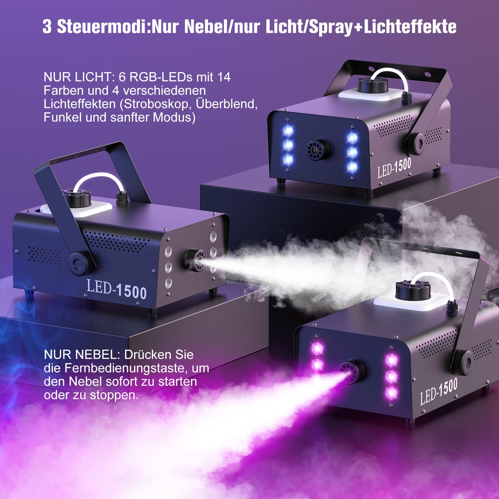 UKing 1500W Nebelmaschine 6 RGB LED,Partylicht Rauchmaschine mit Fernbedienung und 1L Tank,Hohes Nebelvolumen für Hochzeit, Party, Theater, Halloween, Weihnachten