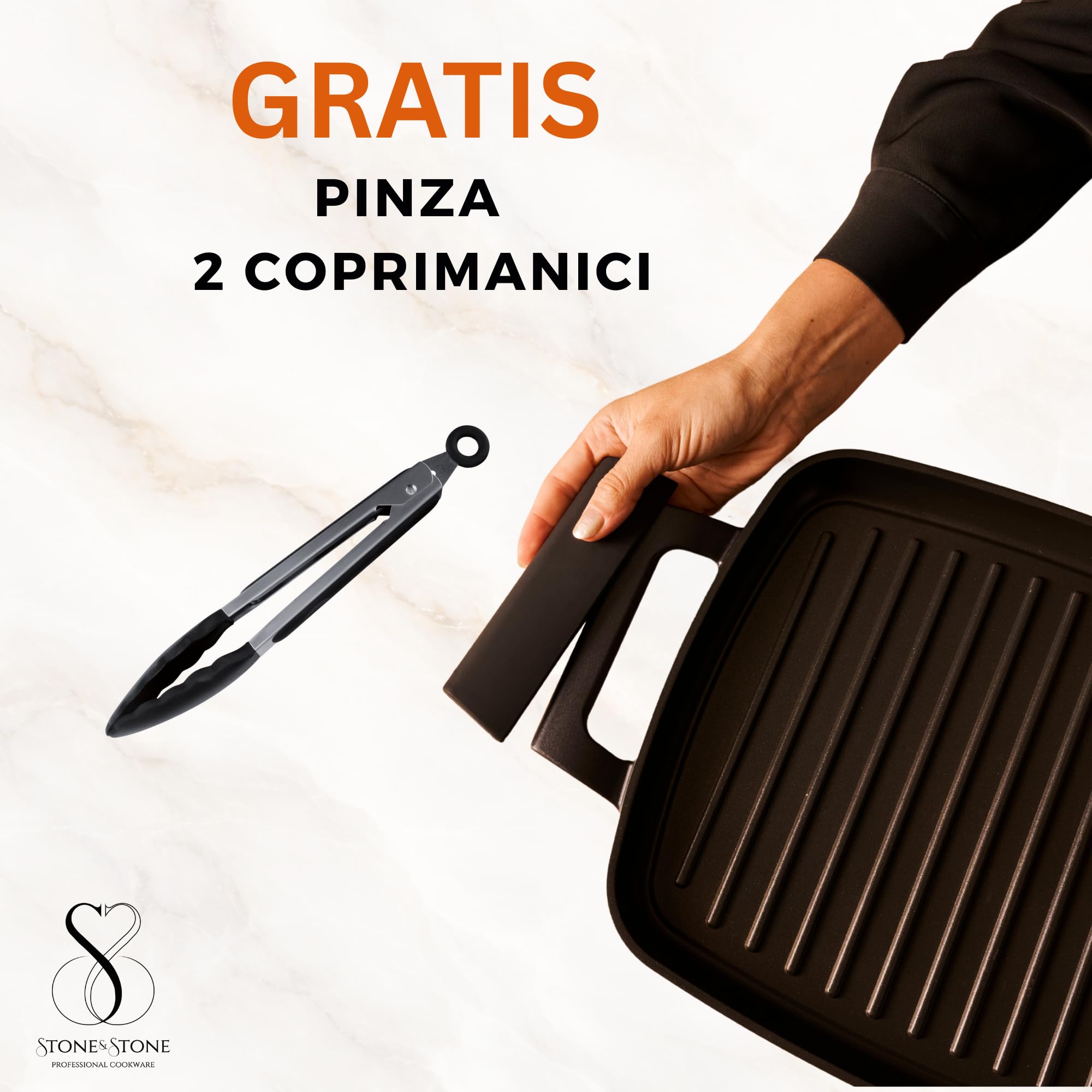 Stone&Stone Piastra Grill Induzione Rettangolare, Bistecchiera BBQ Professionale Super Antiaderente, Rivestimento Tedesco Greblon, Fondo Acciaio Pieno, Forno e Gas, Senza PFAS, PTFE e PFOA + pinza