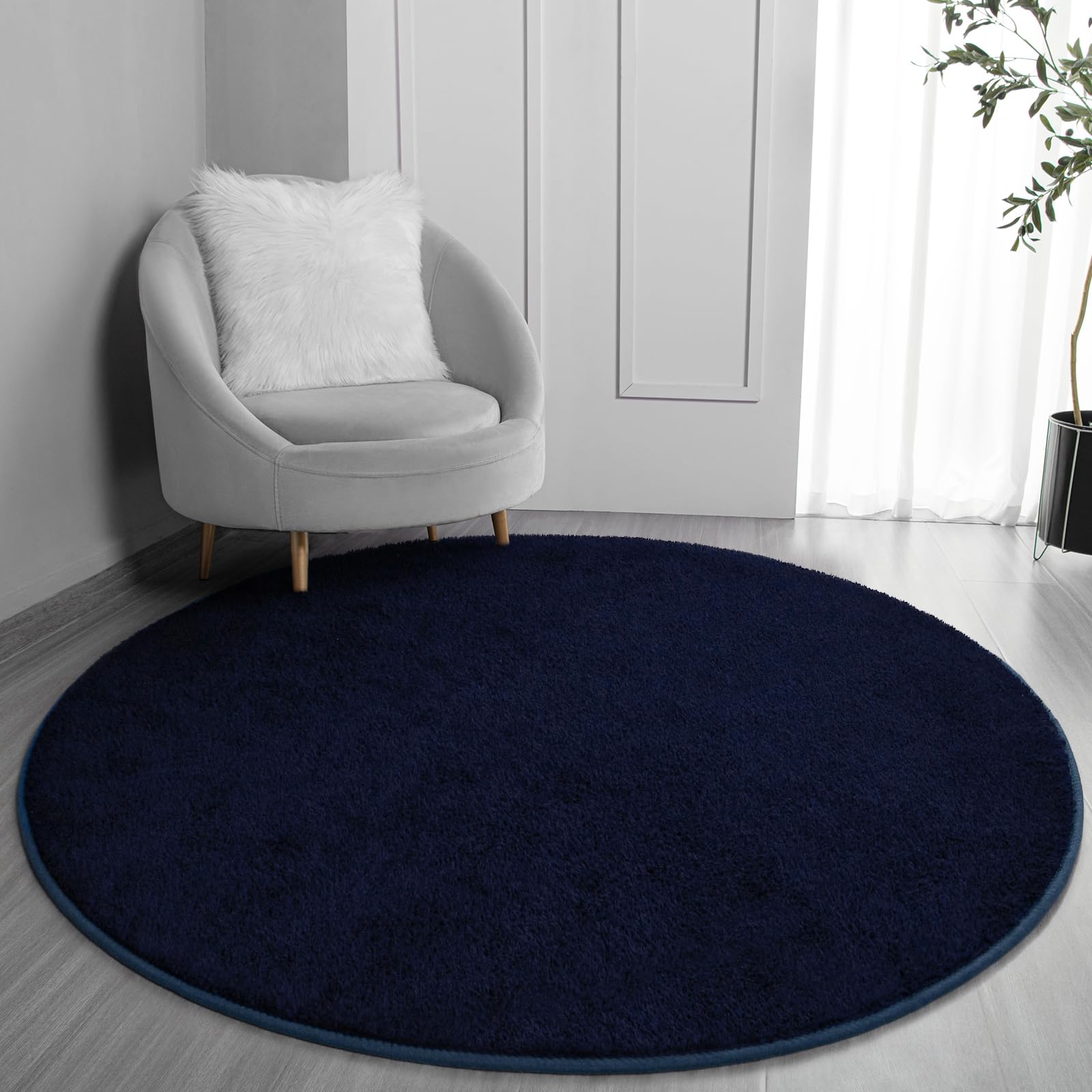 FlyDOIT Round Area Rugs for Bedroom Living Room, 4x4 Navy Blue Super Soft Comfy Thickened Memory-Foam Indoor Circle Carpets, Modern Aesthetic Minimalist Carpet for Boys Girls Adults Nursery Home Décor