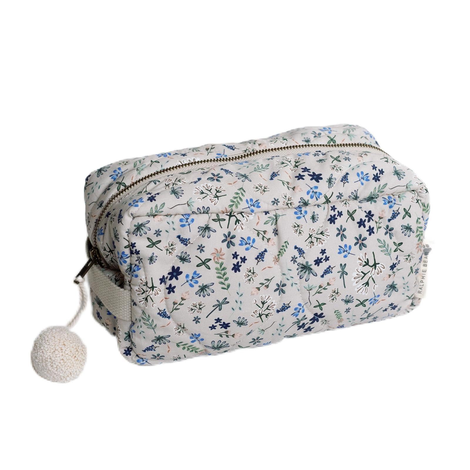 Ralphie Bear Quilted Washbag, Wildflower Floral Print, Cotton Canvas with Waterproof Lining, 25x15x10cm, for Baby Toiletries and Nappy Changing, Travel-Friendly Diaper Organizer
