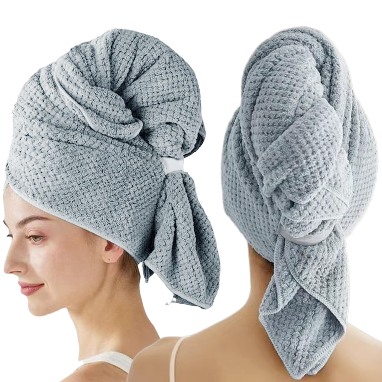 2 Pieza Toalla de Pelo de Microfibra Grande, 60x100cm Toalla de Microfibra para el Cabello, con Banda Elástica, Toallas de Cabello de Secado Rápido, Anti Encrespamiento, para Cabellos Largo, Rizado