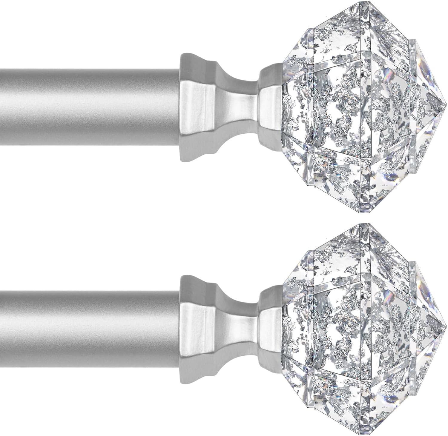 TONIAL 2 Pack Curtain Rods 32 to 58 Inch(2.6 to 4.8 ft), Telescoping Splicing 3/4 Single Rods for Windows 20 to 53 Inch(1.7 to 4.4 ft) Decorative Drapery Rod with Translucent Diamond Finial, Silver Silver 32-58"(2 Pack)