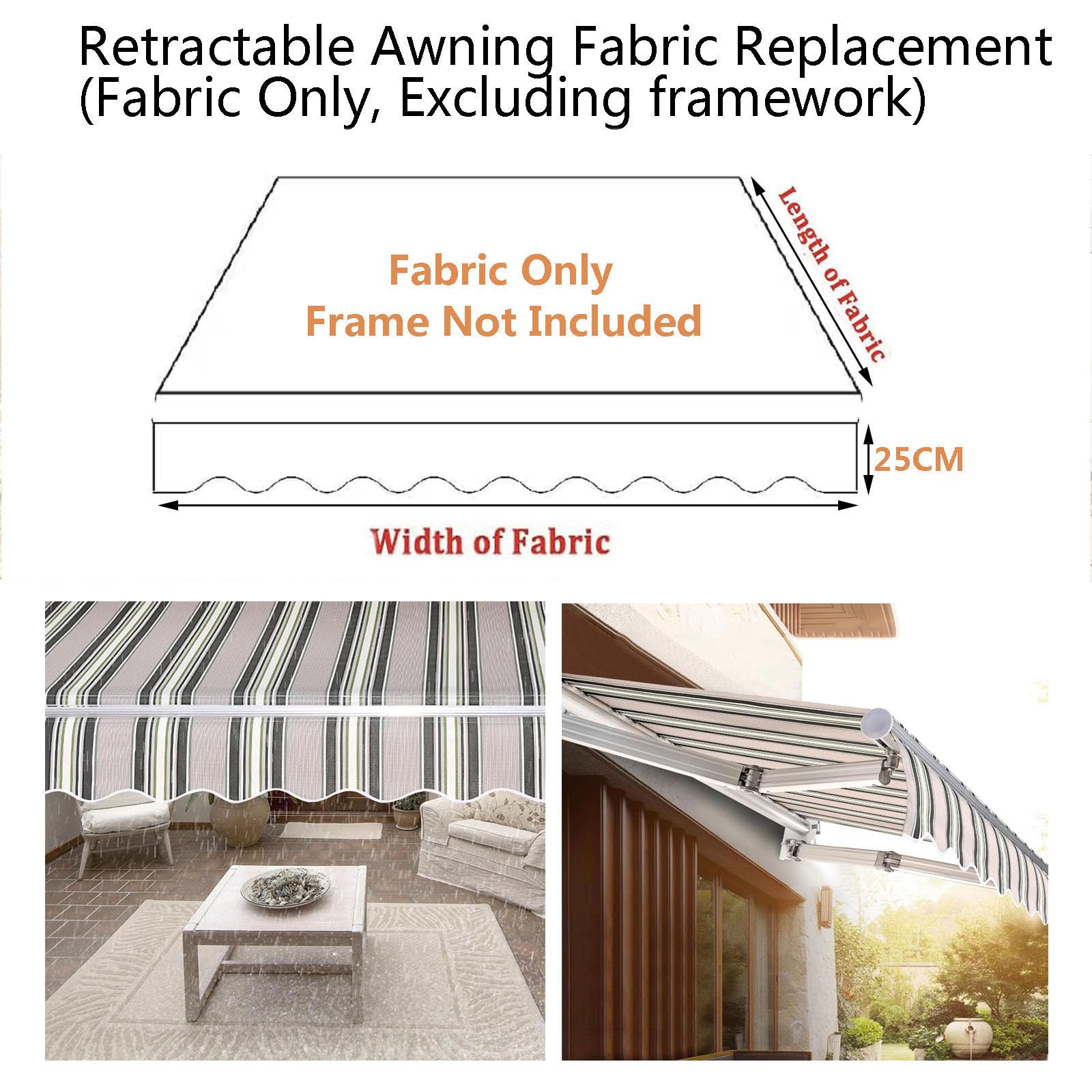 Tela de Reemplazo de Toldo Manual Retráctil Cubierta de Tono de Sol De Jardín de Patio Al Aire Libre 280g/m² de Tela de Poliéster UV y Resistente Al Agua(Size:3.5x3m,Color:Multi Stripes)