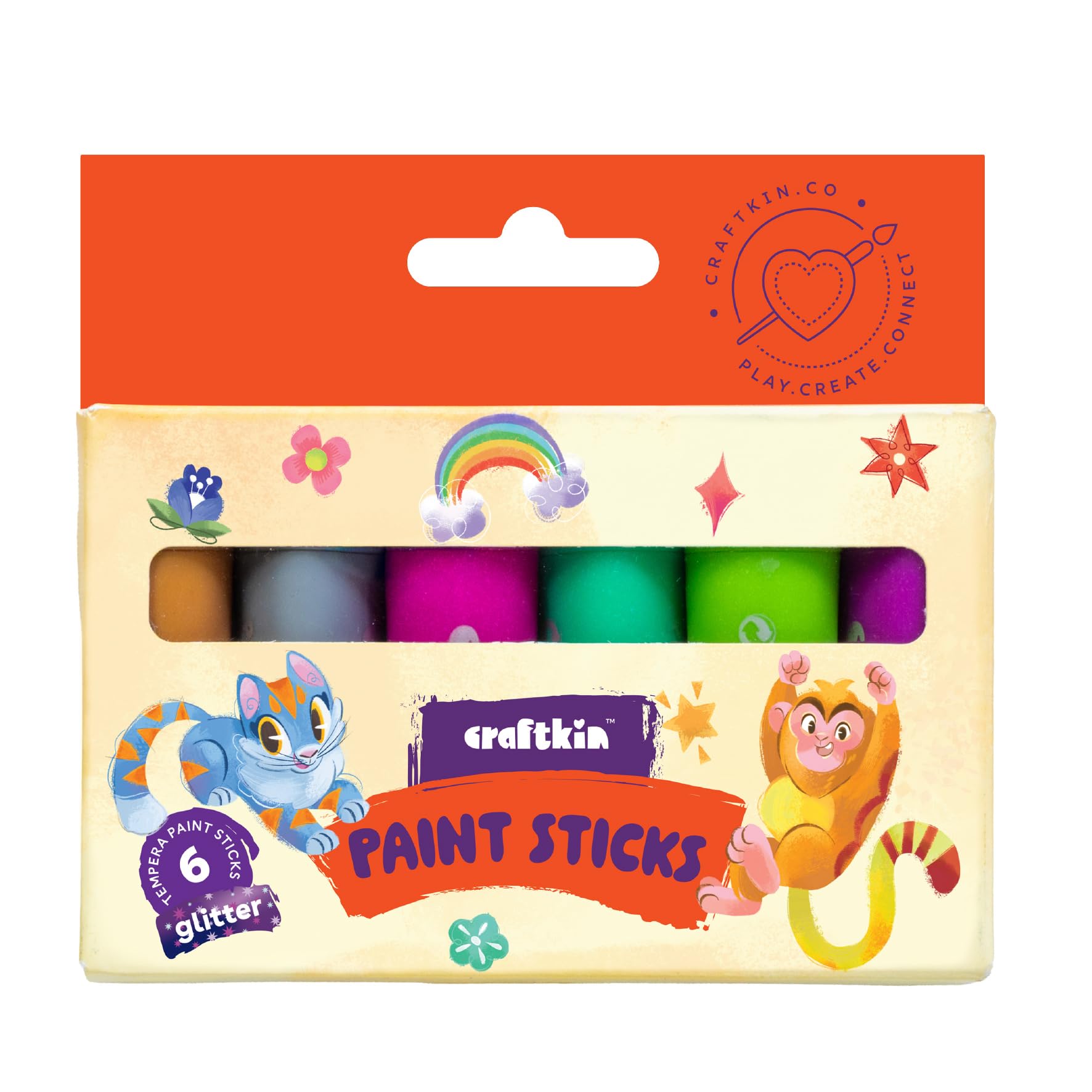 Craftkin Glitter Paint Sticks for Kids - 6 Sparkle Colours | Washable Non-Toxic Glitter Tempera Sticks | Tri-Grip Barrel | Mess-Free | Ages 3+ | Arts and Crafts for Kids