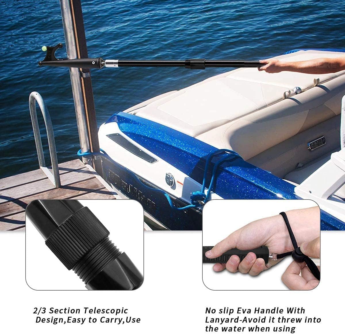 SAN LIKE Gancio Telescopico per Barca per l'attracco Accessori per Barche, Asta Telescopica per Agganciare in Fibra di Vetro, Mezzo Marinaio per Barche con Perline Luminose per L'attracco 1,2M