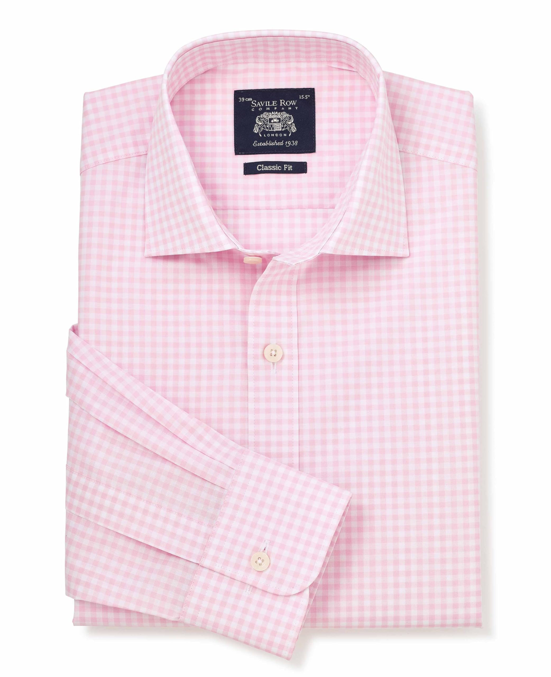 THE SAVILE ROW COMPANY LONDON Men's Classic Fit Cotton Poplin Single Cuff Formal Shirt - Light Pink/White Gingham Check - 18.5" Collar