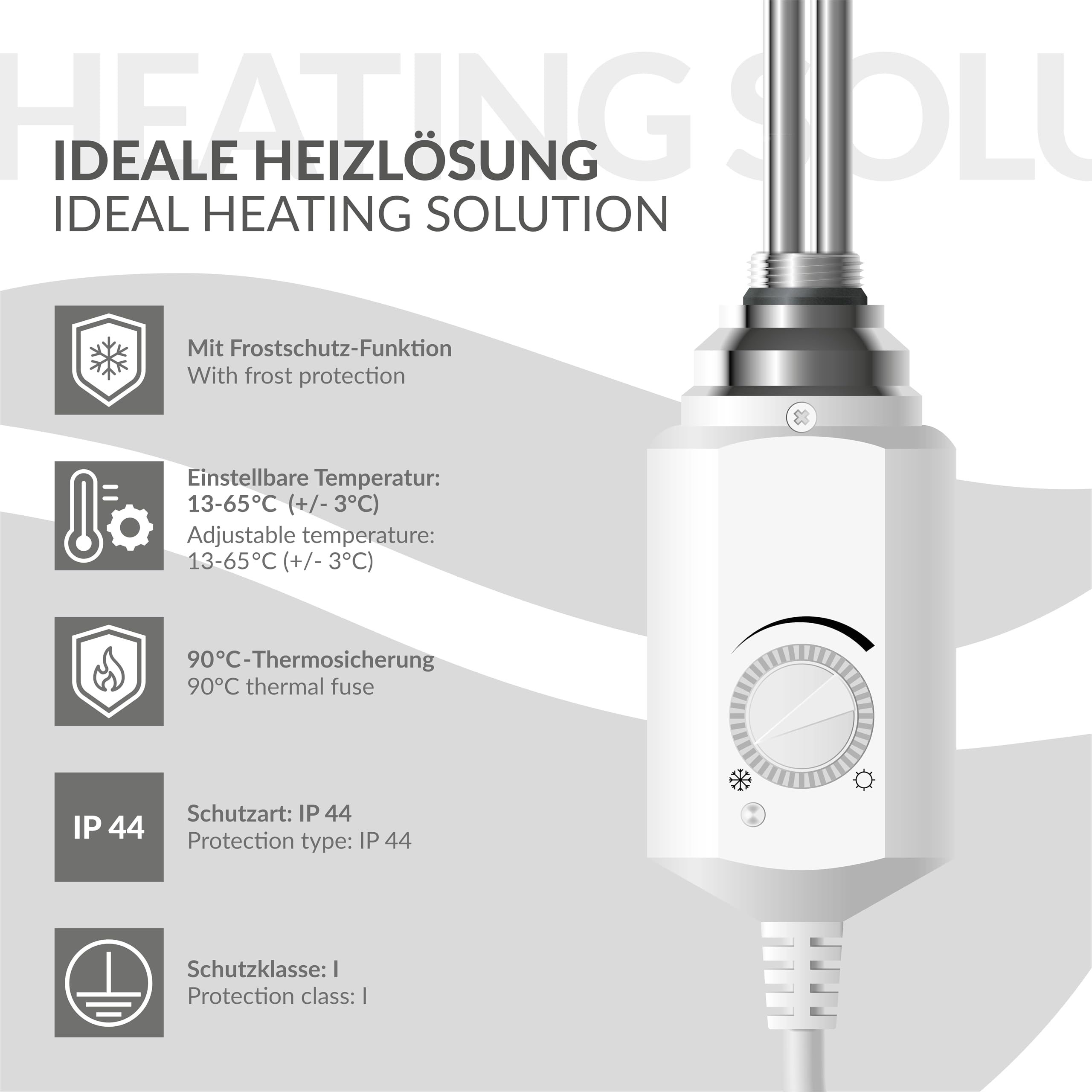 ECD Germany Termostato Regulador de Temperatura para Radiadores de Baño 600 W Barra Calefactora Eléctrico 1/2" Blanco Revestimiento de Cobre Elemento Calefacción Varilla para Calefactores