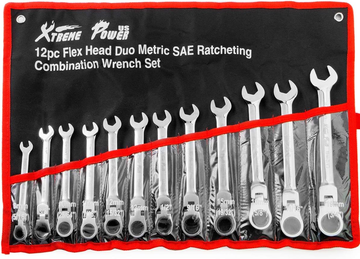 12pcs Flex-Head Combination Wrench Set Ratcheting Duo Metric SAE
