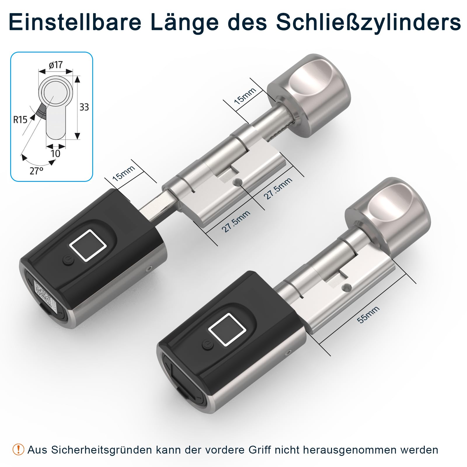 WELOCK SECBNEBL51 Fingerabdruck Schloss,Elektronisches Türschloss mit RFID Karte Bluetooth WiFi für 30-70mm Verstellbarer Zylinder,Elektronischer Schließzylnder,Türschloss Fingerprint, Silber