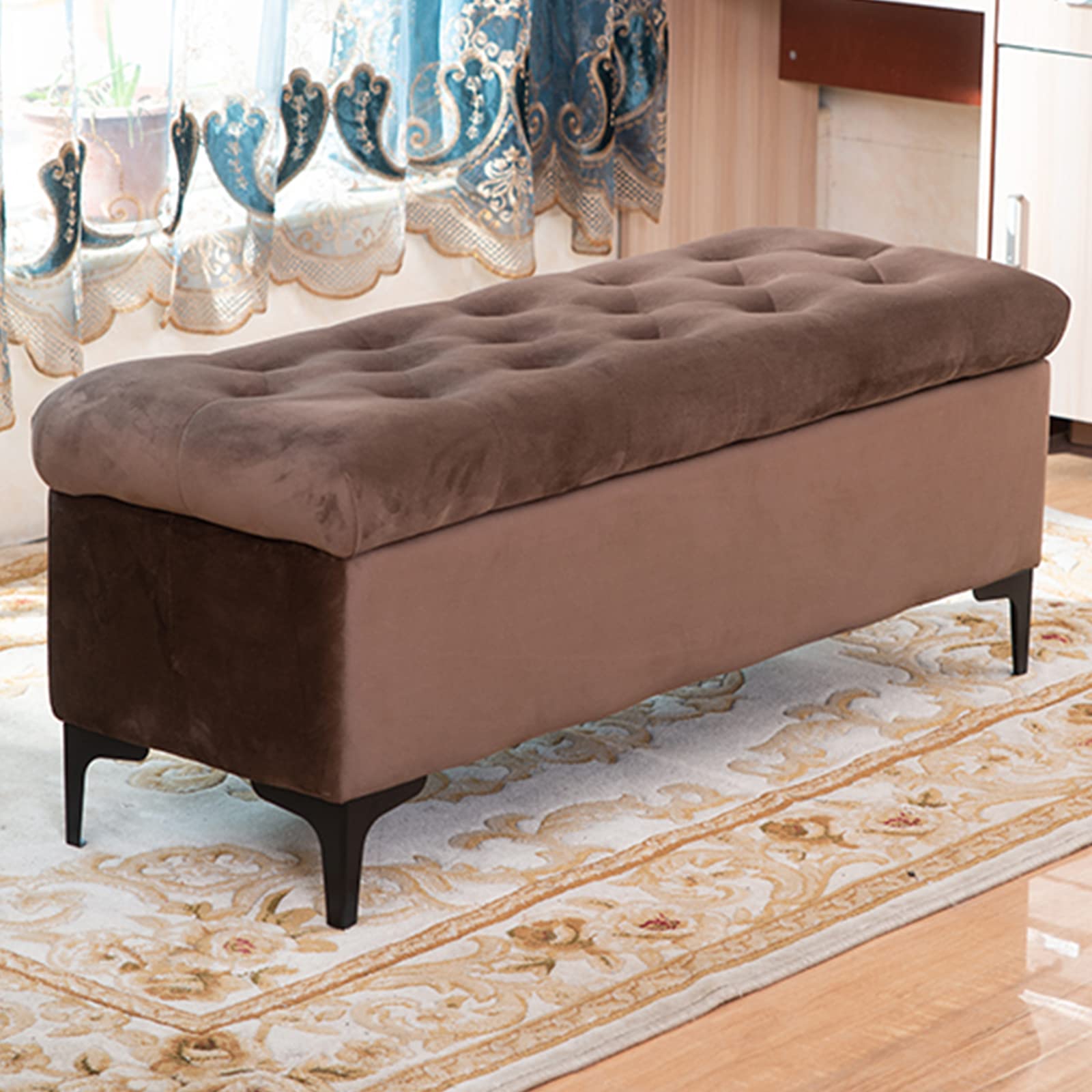 Banc de rangement en velours rembourré haut de gamme et piétement doré chic