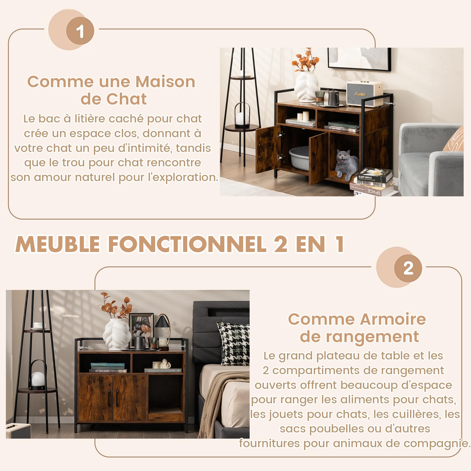 GOPLUS Maison à litière chat acier compartiments griffoir 89x45x74,5cm marron