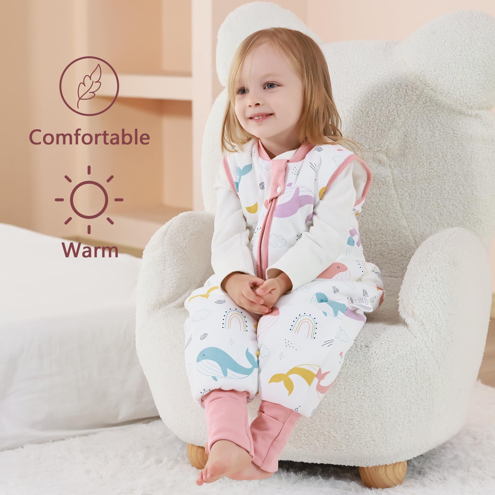MIKAFEN Bambini Sacco nanna invernale con gambe 2,5 Tog,100% cotone,Sacco nanna con piedini,105-115 cm/4-5 anni,Balena arcobaleno