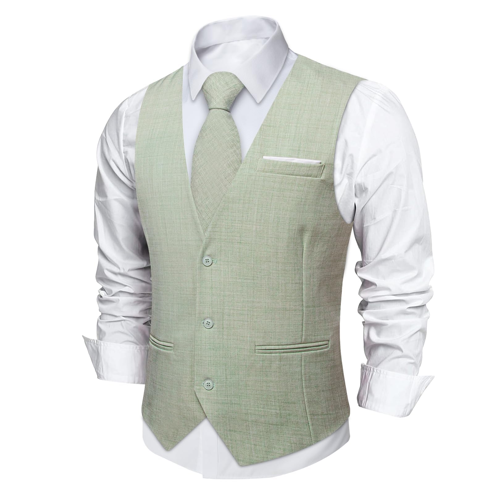 DiBanGu Mens Linen Suit Vest Casual Waistcoat and Necktie & Pre-Tied Bowtie Set 6PCS Solid Color Dress Vest for Wedding Party