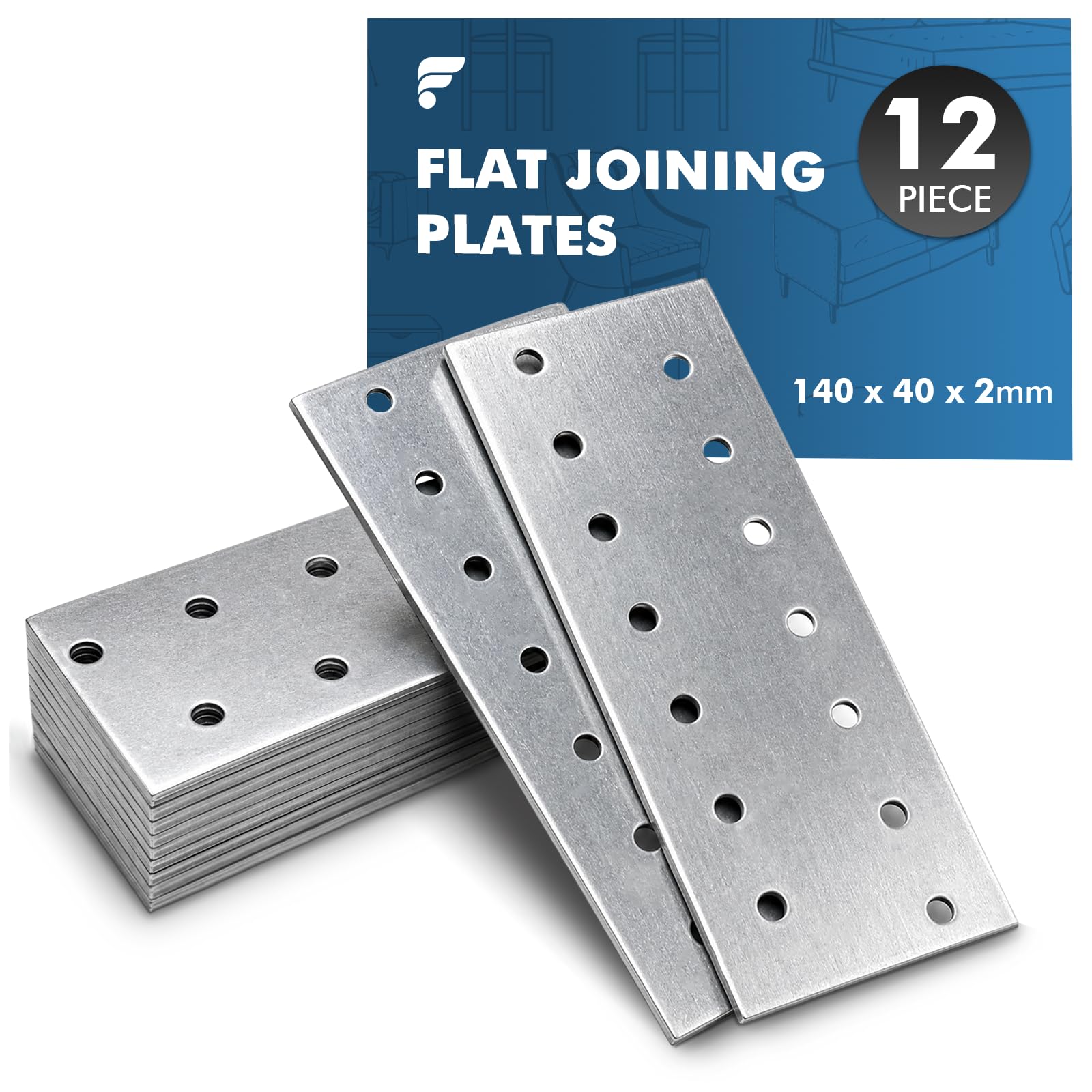 Pack of 12 Galvanised Flat Connectors 140 x 40 x 2 mm, Perforated Plates, Wood Connectors, Metal Connecting Plates for Wood Construction, Furniture Construction, Shelves, Repair and DIY Projects