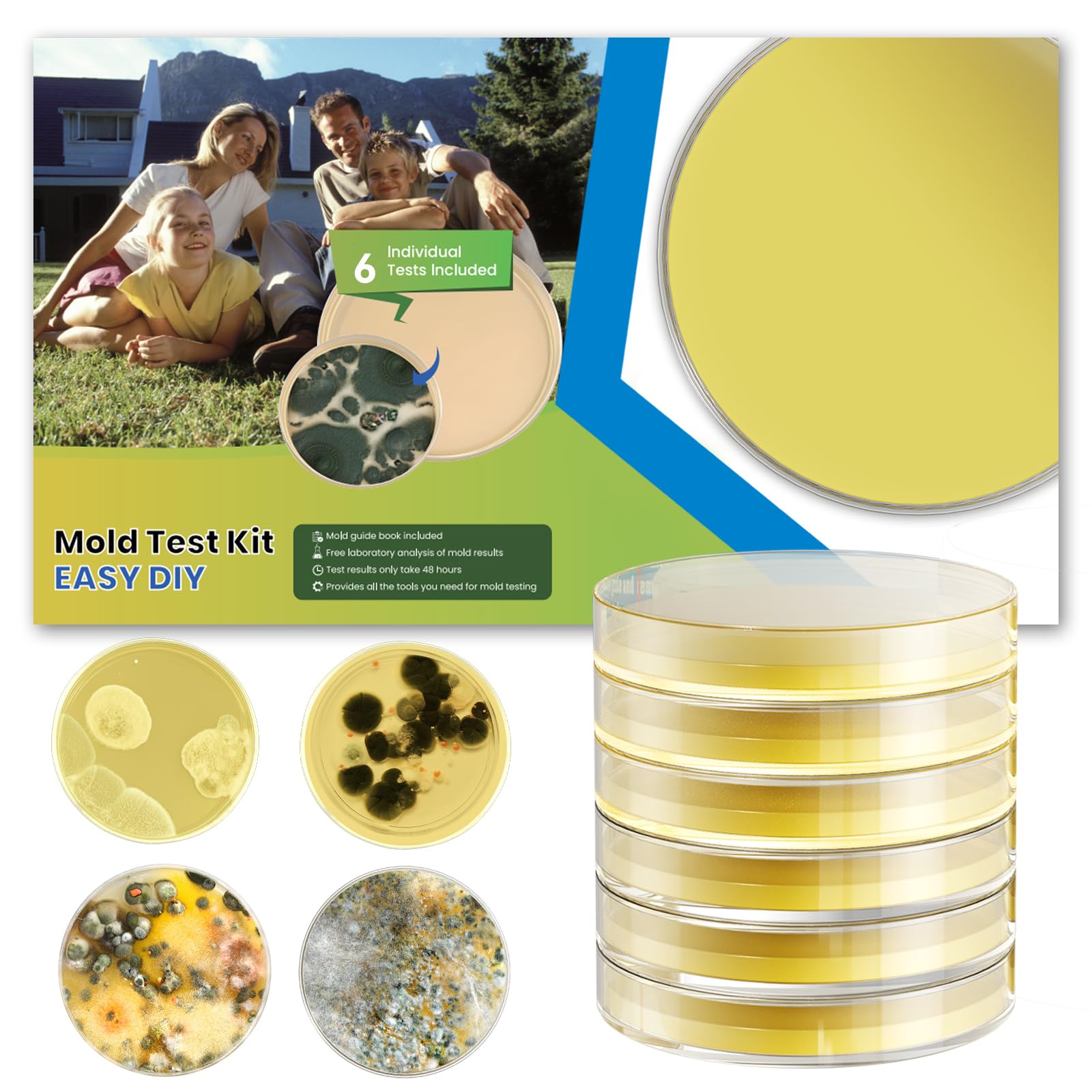 Mold Test Kit for Home - DIY Mold Test Kit for Indoor Air and Household Surface Detection, Includes Detailed Mold Identification Guide and Free Lab Analysis - 6 Detection Tests