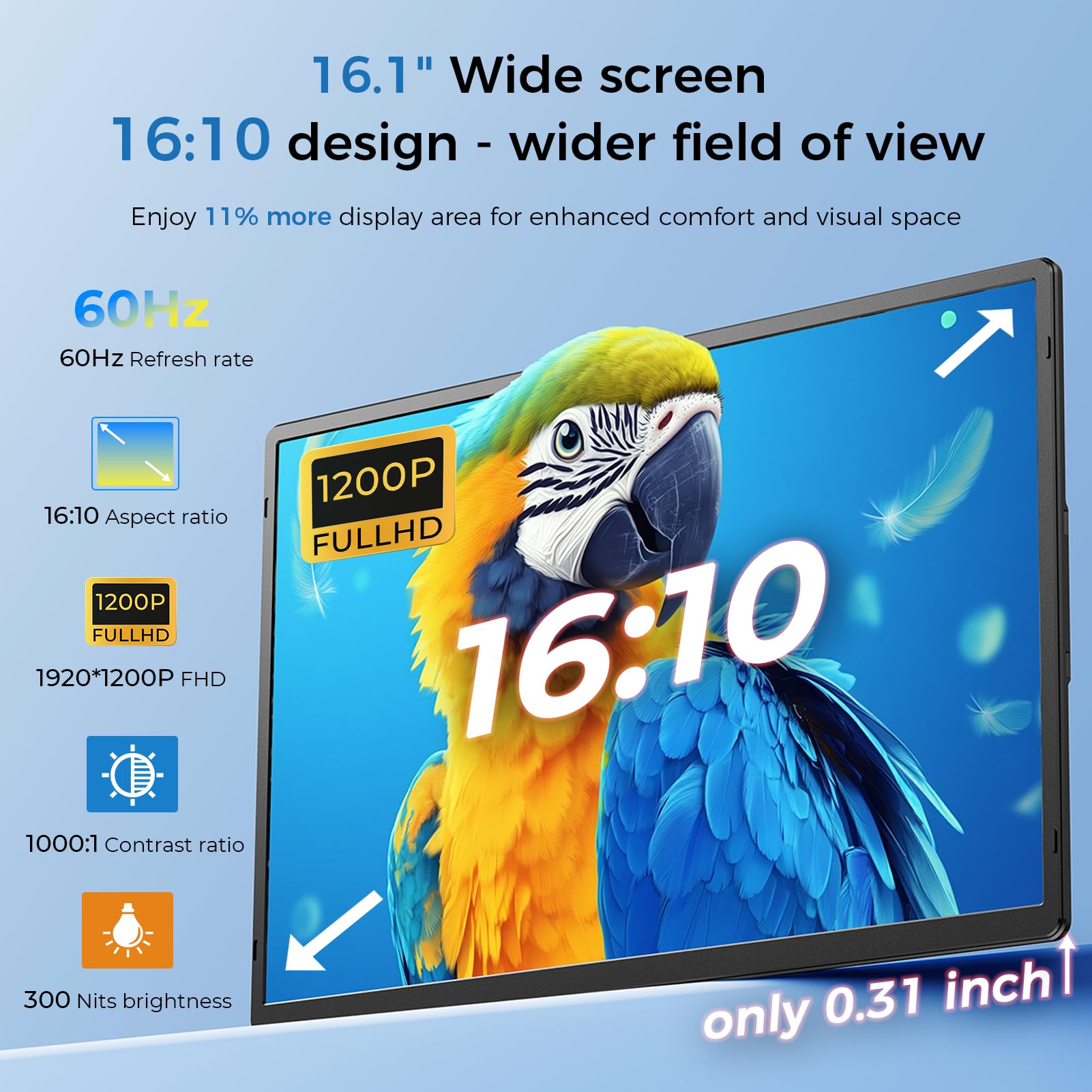 Estensione dello schermo del laptop 16.1 ", 1200p FHD, supporto staccabile rotante a 360 ° monitor portatile, estensione monitor regolabile in altezza per laptop 13-17.5", per tablet, pc, telefono
