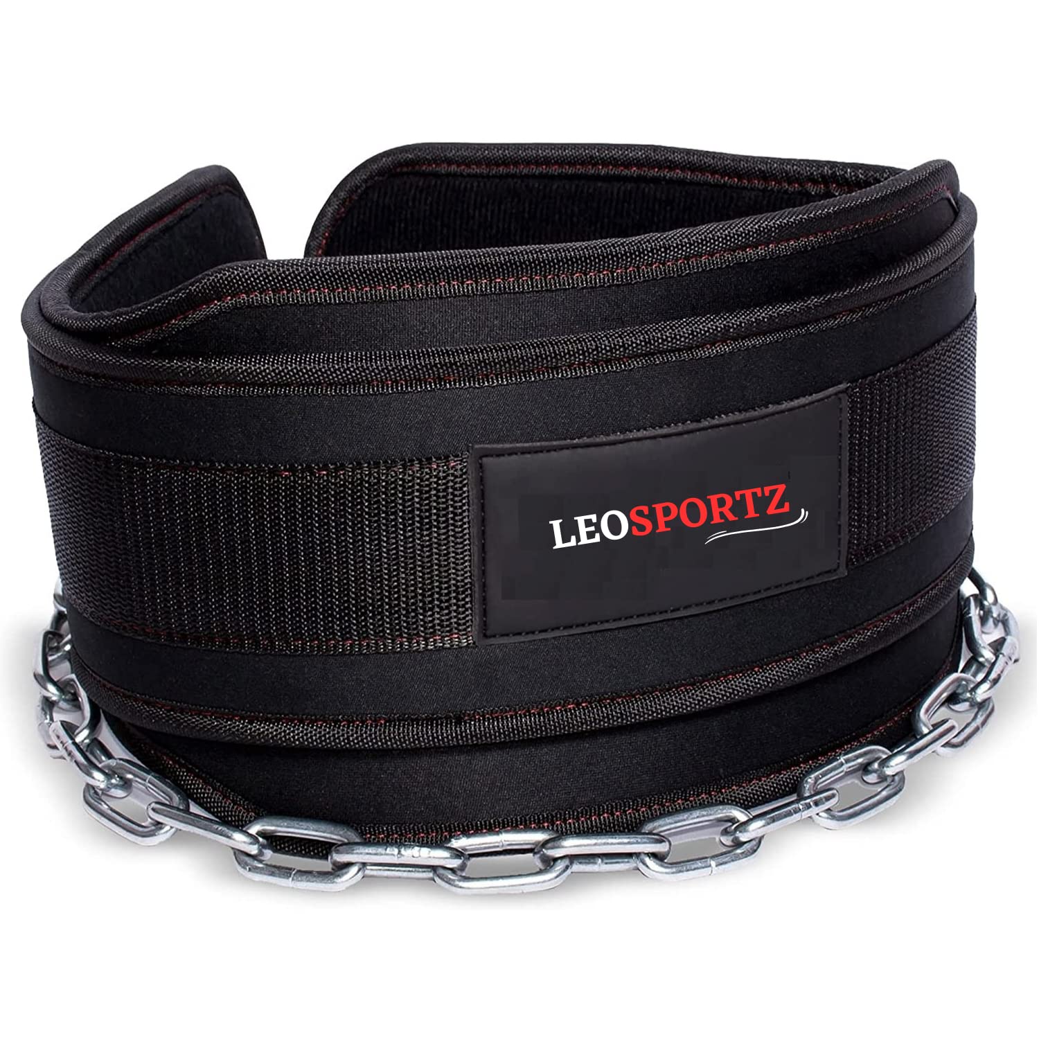 Leosportz Gym Belt with Chain Dip - Heavy Weight Lifitng Belt for Pullups | Gym Lifting Support for Powerlifting, Squat, Bodybuilding, Heavy Duty Steel | Workout Belt with Comfortable Back Support (Black)