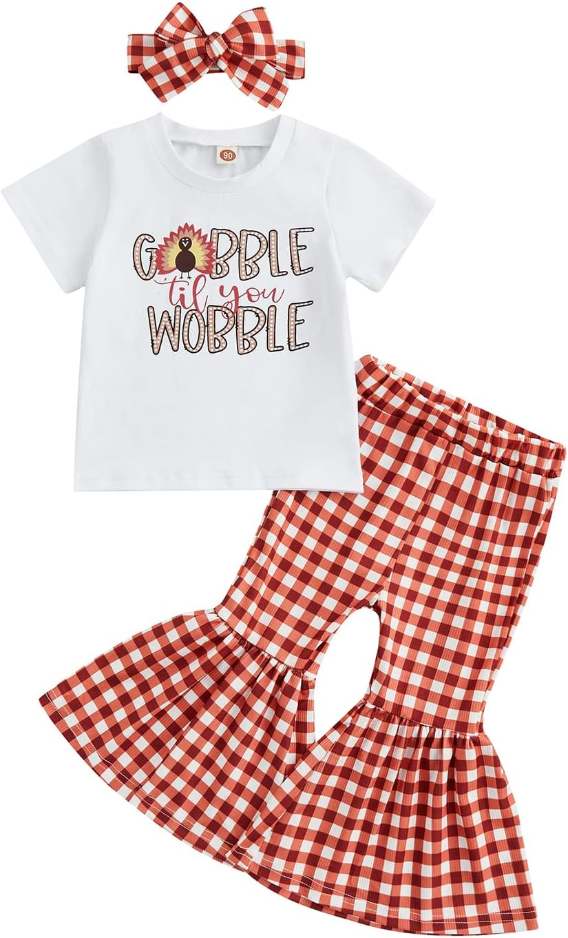 Toddler Baby Girl Thanksgiving Clothes Letters Print Short Sleeve T-Shirt Flared Pants Set Bell Bottoms Outfits
