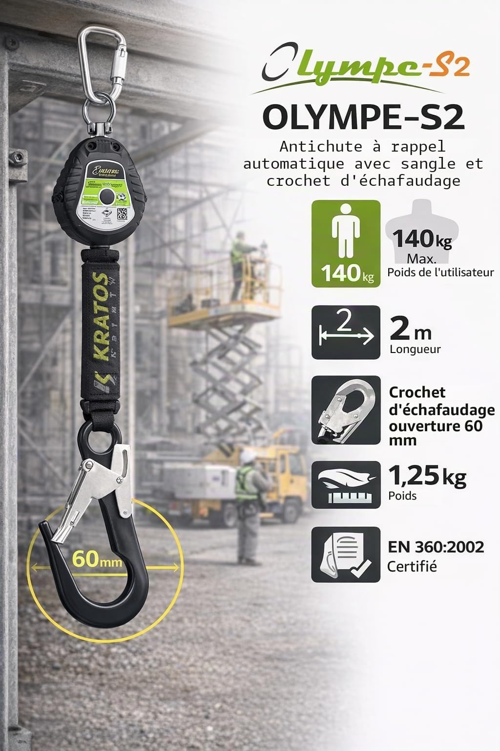 KRATOS SAFETY - Olympe-S2, Antichute à Rappel Automatique avec Sangle LG. 2m - 119-FA2050302