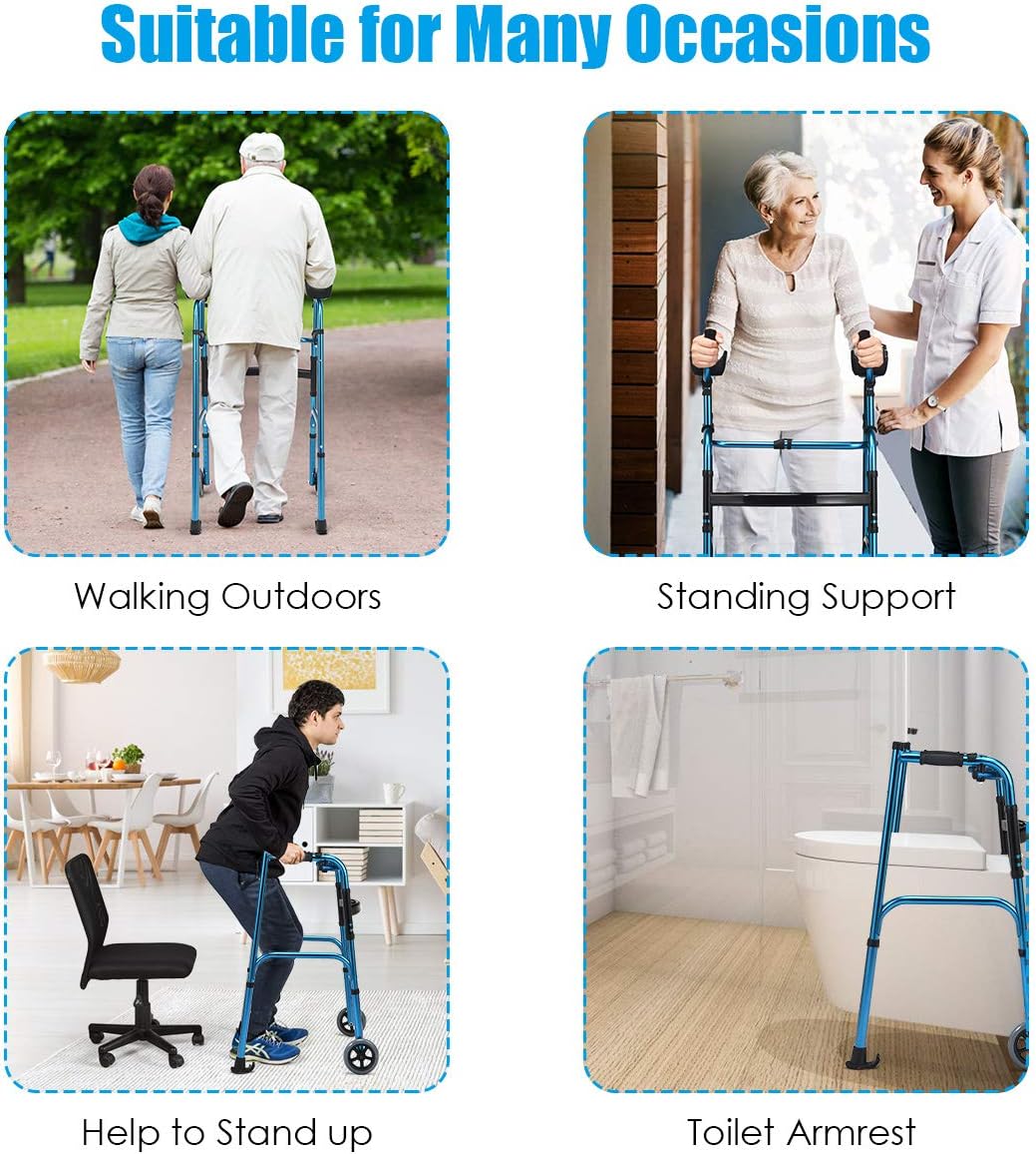Goplus Foldable Standard Walker, Lightweight Aluminum Alloy Wheel Rehabilitation Auxiliary Walking Frame with Arm Rest Pad and Wheels, Height Adjustable Elderly Walking Mobility Aid (Blue + Black) : Health & Household