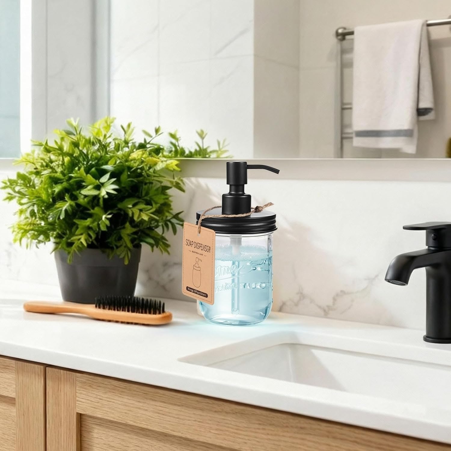SheeChung Mason Jar Soap Dispenser, Dish Soap Dispenser Kitchen, Stainless Steel Pump Lid, Glass Hand Soap Dispensers for Bathroom Countertop, Liquid, Lotion, Refillable, Farmhouse Decor (2, Black)