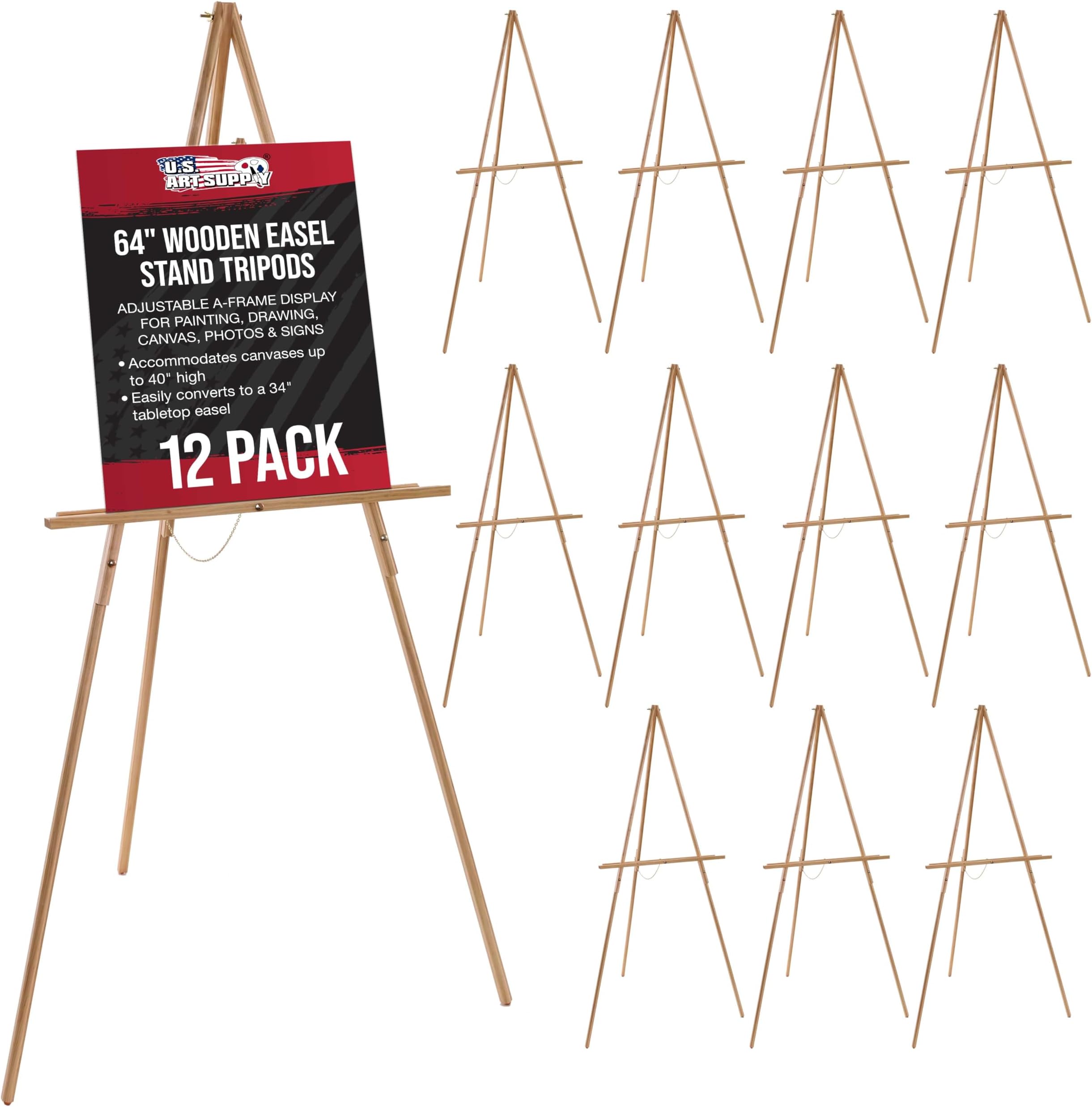 U.S. Art Supply 64" Wooden Easel Stand (12 Pack) - Adjustable A-Frame Tripod for Painting, Drawing, Photos & Signs - Lightweight Easels, Wood Easel Stand for Sign Wedding Display 40" Canvas Capacity