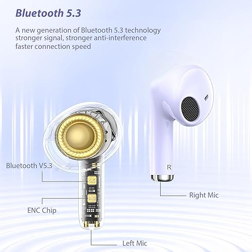 Miniatura 3 de Auriculares inalámbricos TWS morados para niños Bluetooth 5.3 con micrófono de cancelación de ruido, auriculares morados para orejas pequeñas,