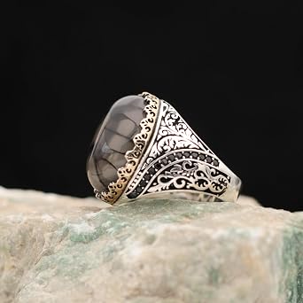 Agate Aqeeq Men Ring, Men Silver Ring 925, Yemeni Aqeeq Ring Men, Turkish Ring Man, Ring With Stone, Grey Gemstone Ring For Men