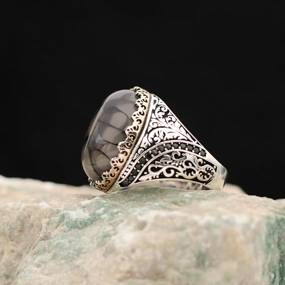 Agate Aqeeq Men Ring, Men Silver Ring 925, Yemeni Aqeeq Ring Men, Turkish Ring Man, Ring With Stone, Grey Gemstone Ring For Men