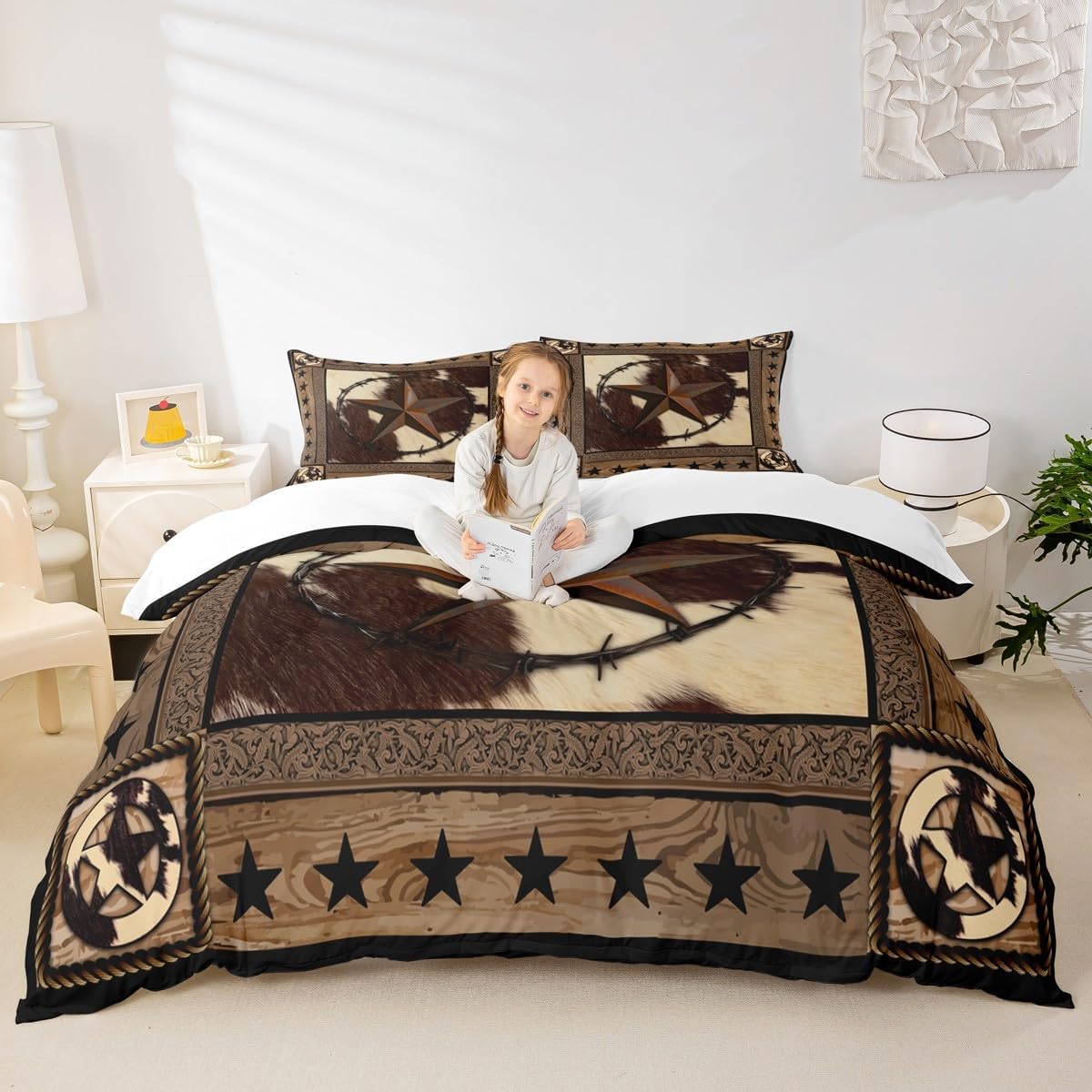 Western Cowboy Duvet Cover Set King Size,Cow Fur Print Bedding Set 3pcs for Kids Boys Men Room Decor,Wooden Board Vintage Comforter Cover Brown Rustic Farm Quilt Cover 2 Pillowcases(Not Comforter)