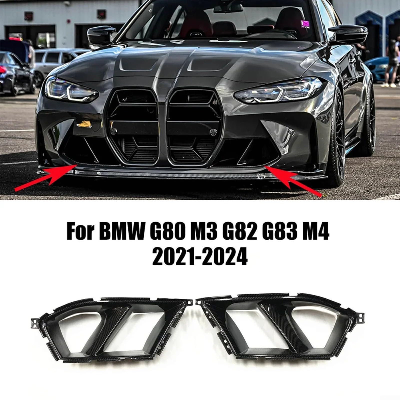 Glänzende schwarze Karbonfaser-Optik Lüftungsschlitzabdeckung für BMW G80 für M3 G82 G83 2021–2024, Frontstoßstange Seitenverkleidung ABS-Kunststoff (Kohlefaser-Optik)
