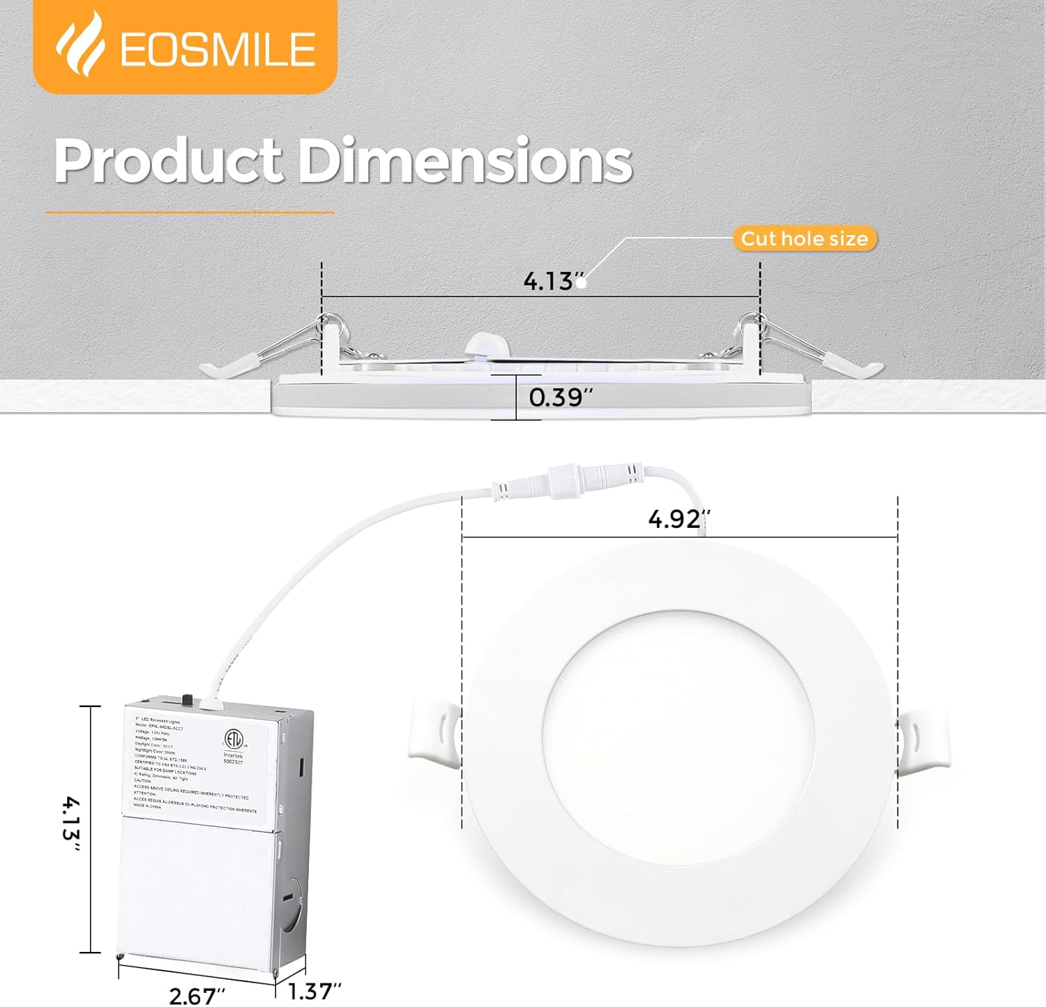 4 Inch White LED Recessed Lighting with Night Light 6 Pack,Canless Wafer Ceiling Light, 2700K-5000K Selectable, 9W, 120V, 750LM, Dimmable, ETL FCC