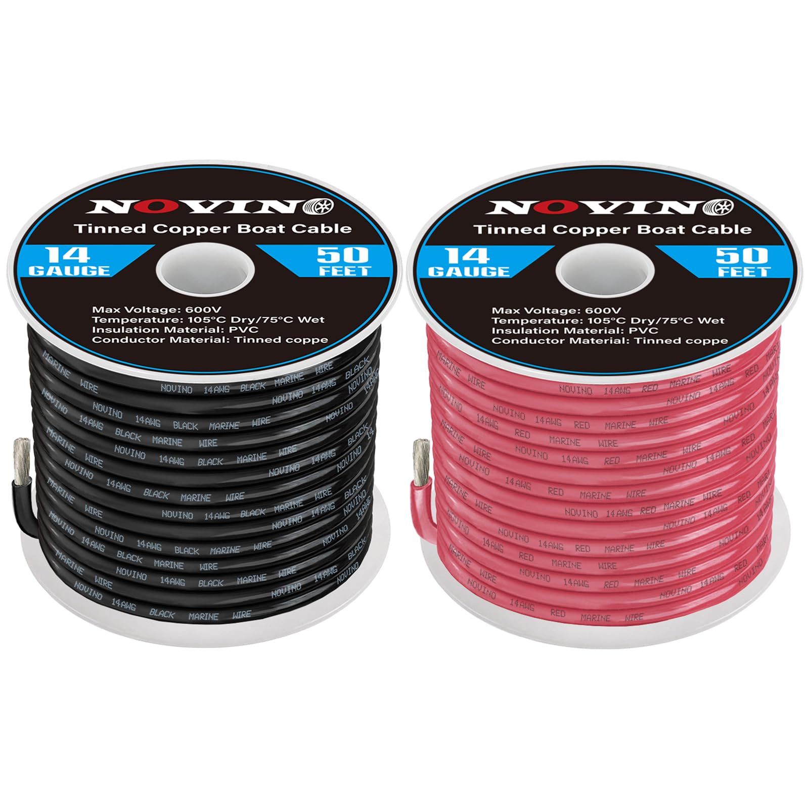 Cable marino de calibre 14, cable de grado marino de 14 AWG, incluye calibre 14 rojo de 50 pies y negro de 50 pies, cable de cobre estañado de 14 AWG, cable de batería de barco sin oxígeno para