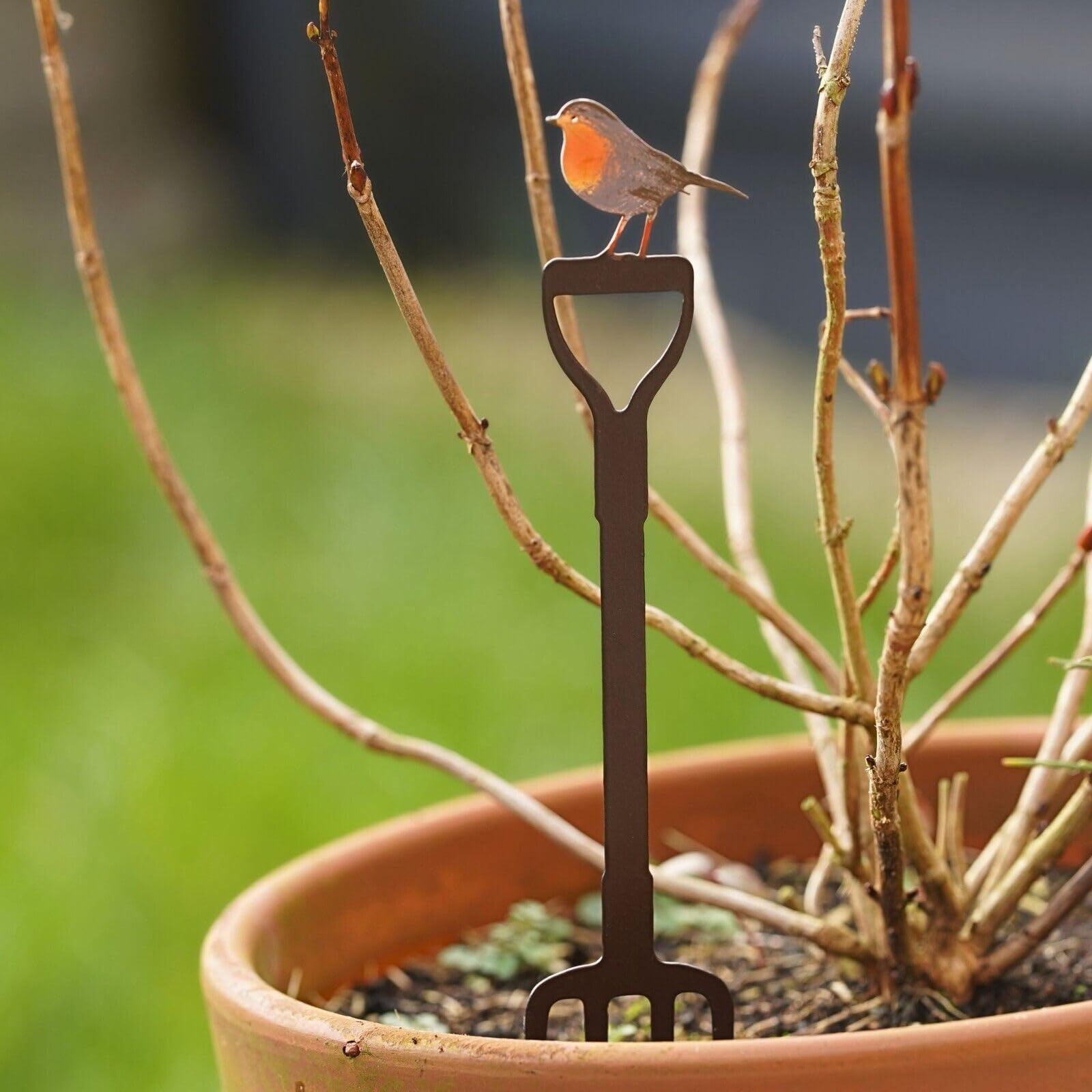Mini Robin on Fork Metal Garden Stake | Outdoor Sculpture Statue Robins Decoration