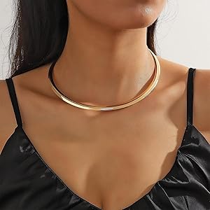 14K Gold Plated Choker Necklace Stainless Steel Open Cuff Collar