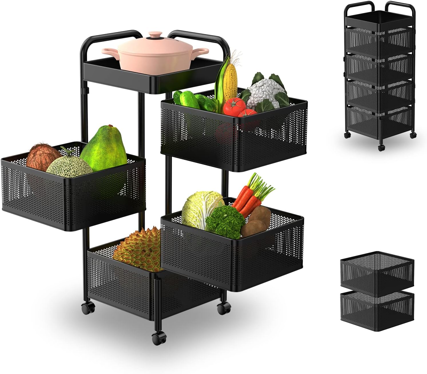 Rotating Kitchen Storage Rack No Assembly, Bathroom Shelf, Organizers and Storage Cart for Fruit Vegetable Grocery Corns Potato Onion(Black, 4-Tier Square)