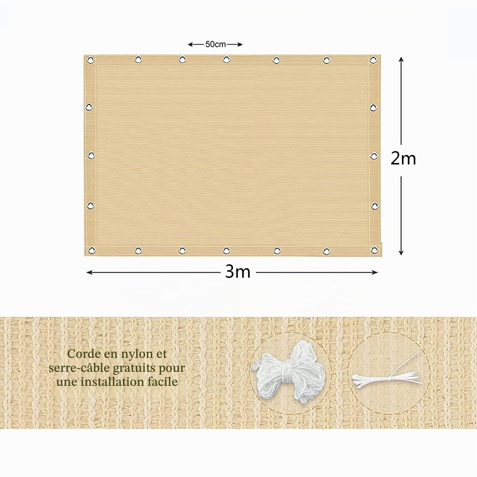 Voile d'ombrage Protection Solaire Toile Rectangulaire, HDPE 95% Anti-UV Auvent de Voiture avec Cordes et Serre-câbles pour Jardin, Terrasse, Balcon, Camping, Pergola, 1mètre 1 Trou, Sable(2x3m)